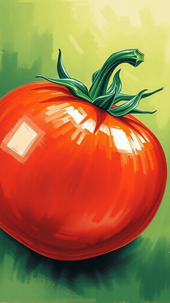 Oil pastel drawing of a ripe tomato with a green background.